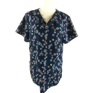 Wonder Wink Women's Scrub Top Size Large Navy Blue Pola Dots Medical